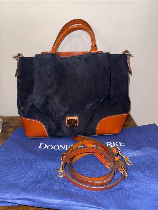 Dooney & Bourke Handbags - Dooney & Bourke Black Suede Satchel with Brown Leather Trim